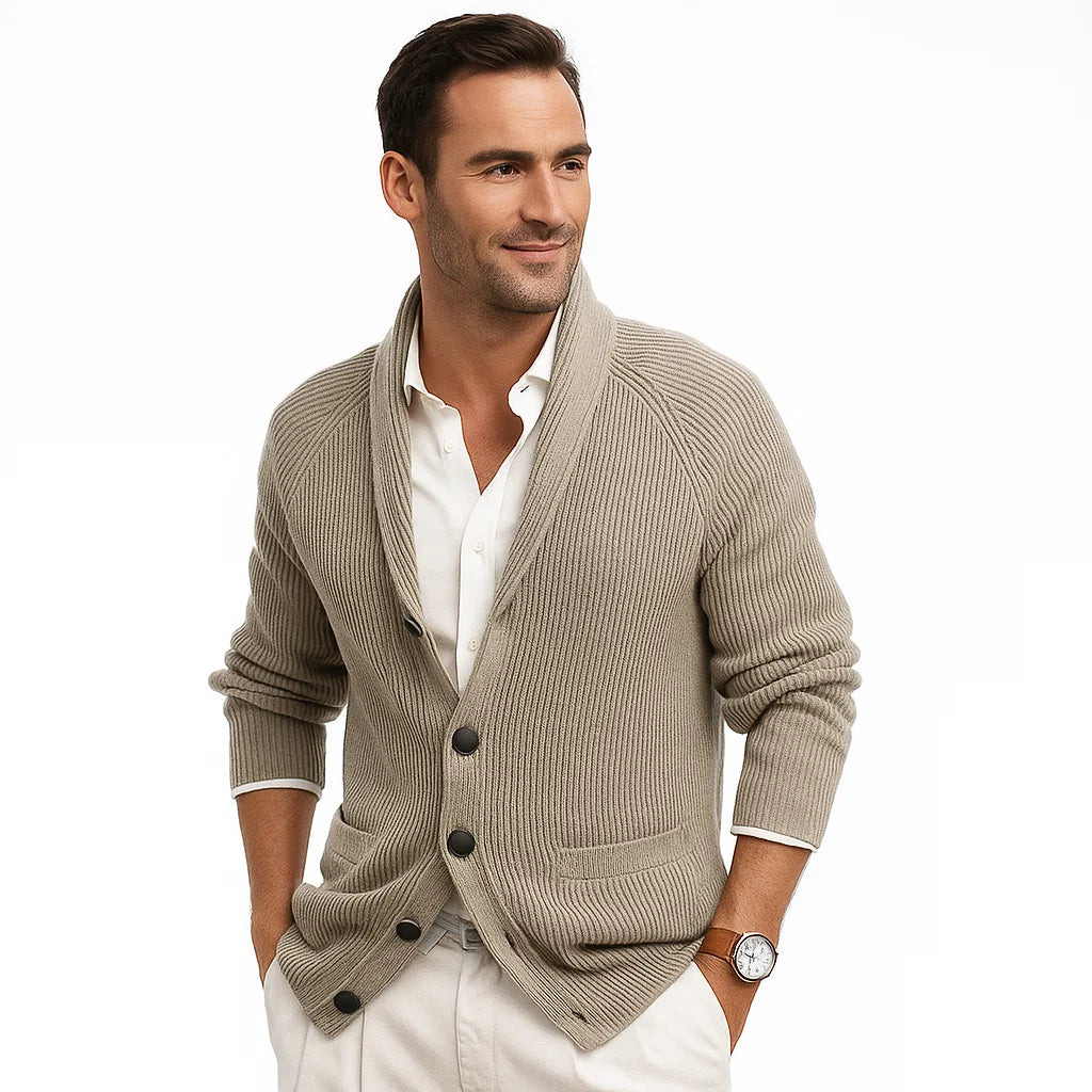 Men_Shawl_Collar_Khaki_Ribbed_Texture__Cardigan_Arc&Loom
