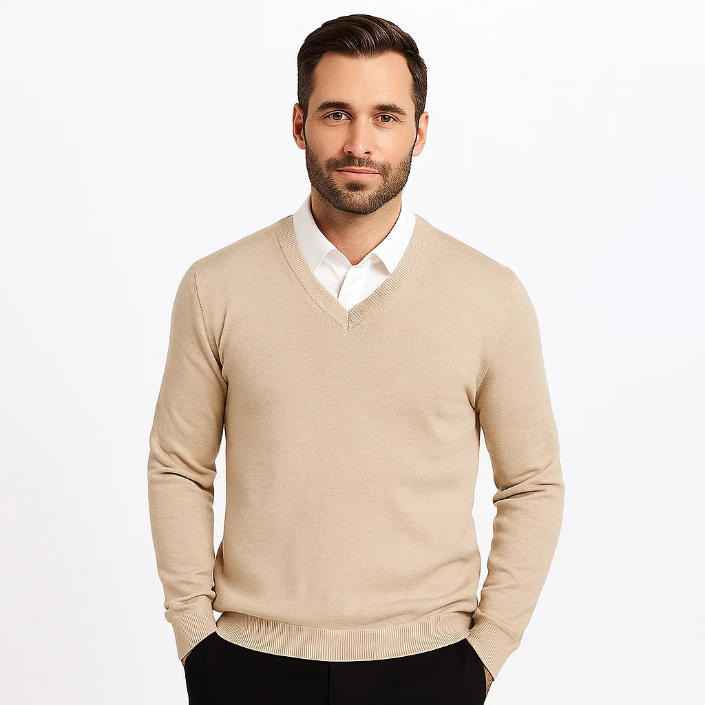 Men_V_Neck_Sweater_Beige_Slim_Fit_Long_Sleeve_Knit_Arc&Loom