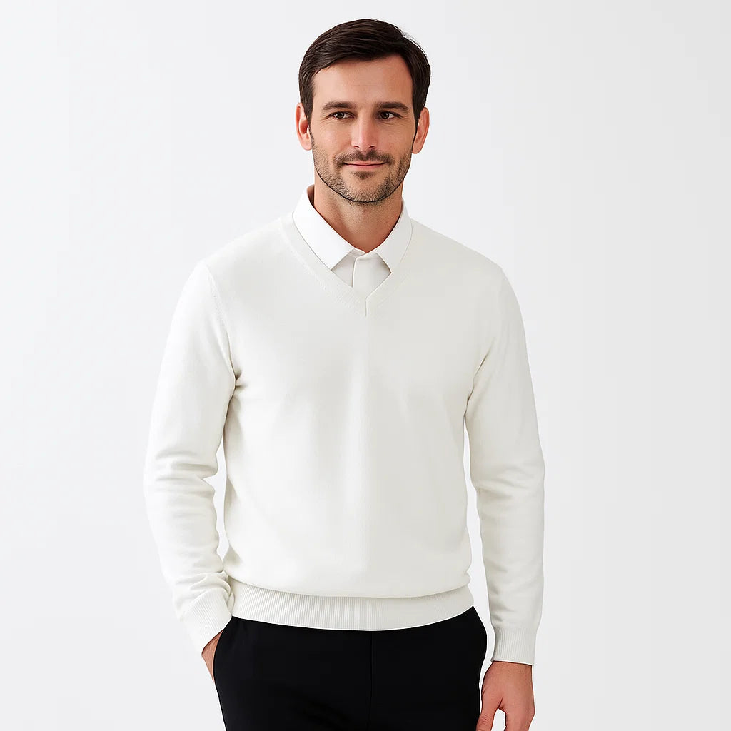 Men_V_Neck_Sweater_White_Slim_Fit_Long_Sleeve_Knit_Arc&Loom