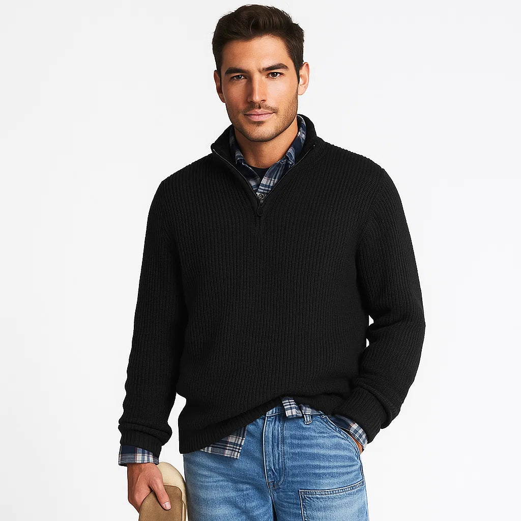 Men_Half_Zip_Sweater_Black_Ribbed_Knit_Stand_Collar_Arc&Loom