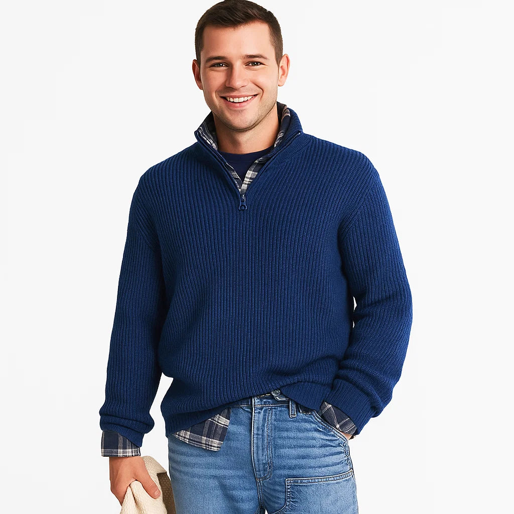 Men_Half_Zip_Sweater_Blue_Ribbed_Knit_Stand_Collar_Arc&Loom