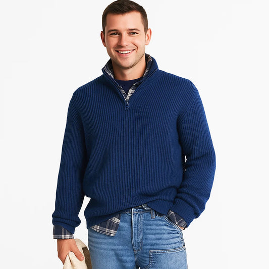 Men_Half_Zip_Sweater_Blue_Ribbed_Knit_Stand_Collar_Arc&Loom