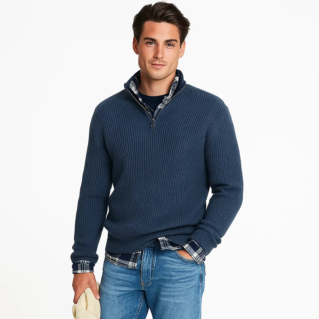 Men_Half_Zip_Sweater_Light_Blue_Ribbed_Knit_Stand_Collar_Arc&Loom