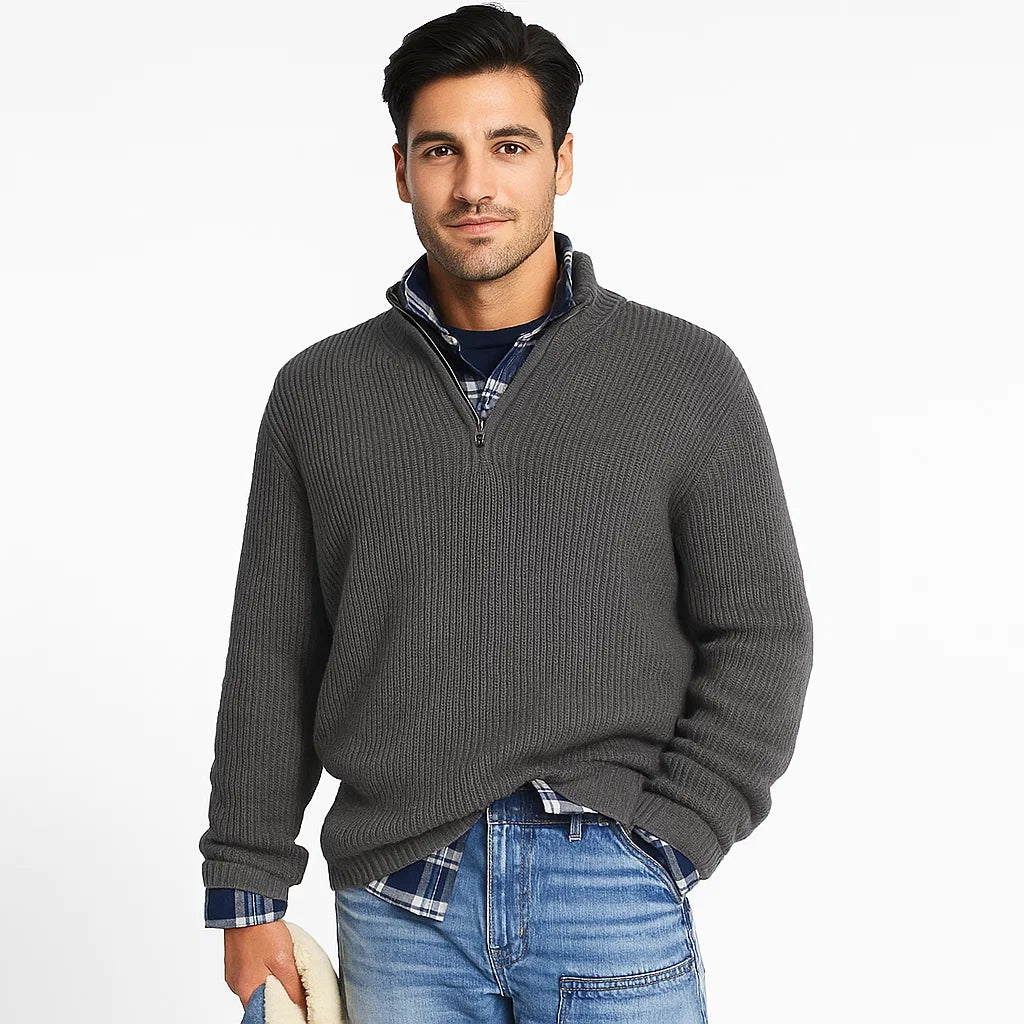 Men_Half_Zip_Sweater_Gray_Ribbed_Knit_Stand_Collar_Arc&Loom