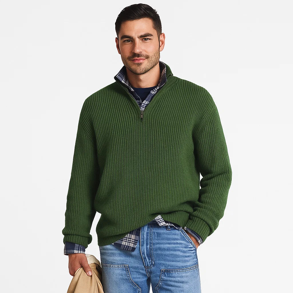 Men_Half_Zip_Sweater_Green_Ribbed_Knit_Stand_Collar_Arc&Loom
