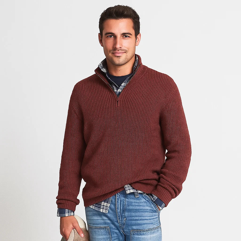 Men_Half_Zip_Sweater_Red_Ribbed_Knit_Stand_Collar_Arc&Loom