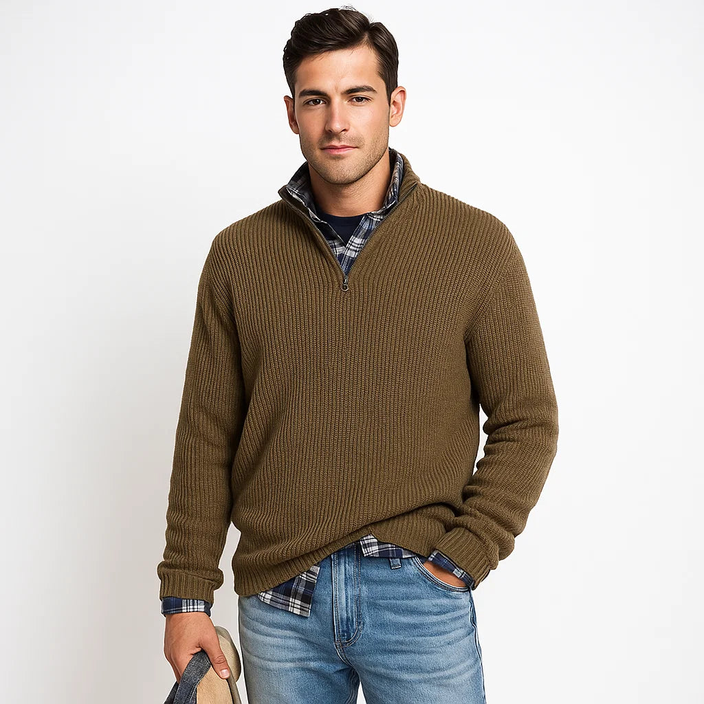 Men_Half_Zip_Sweater_Brown_Ribbed_Knit_Stand_Collar_Arc&Loom