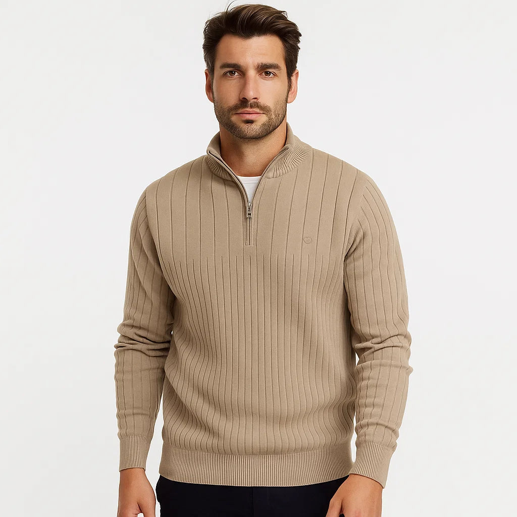 Men_Half_Zip_Sweater_Khaki_Ribbe_Knit_Mock_Neck_Arc&Loom