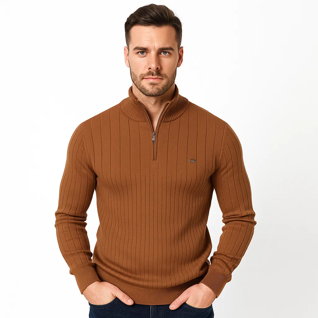 Men_Half_Zip_Sweater_Brown_Ribbe_Knit_Mock_Neck_Arc&Loom