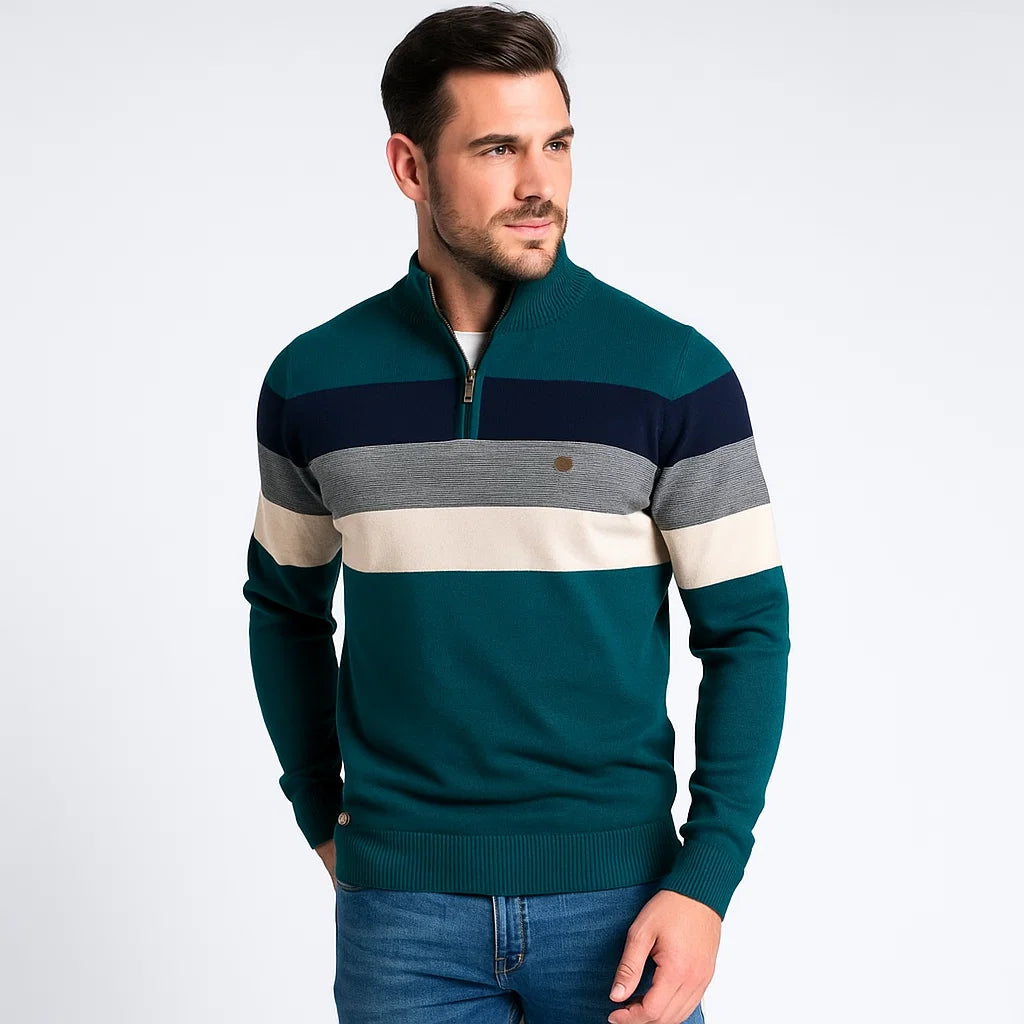 Men_Sweater_Green_Half_Zip_Mock_Neck_Bold_Stripes_Arc&Loom