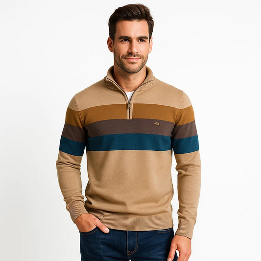 Men_Sweater_Khaki_Half_Zip_Mock_Neck_Bold_Stripes_Arc&Loom