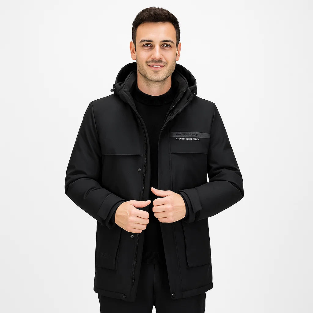 Men_Hooded_Insulated_Jacket_Black_Mid_Length_Relaxed_Fit_Arc&Loom