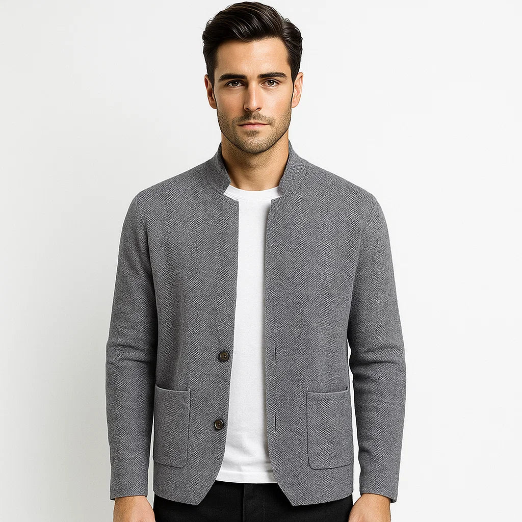 Men_Fine_Knit_Cardigan_Gray_Band_Collar_Button_Front_Arc&Loom