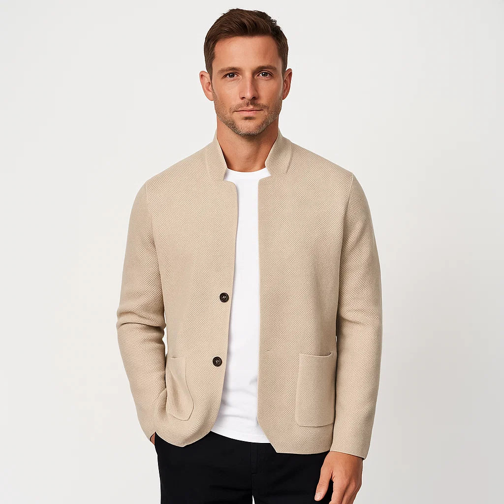 Men_Fine_Knit_Cardigan_Beige_Band_Collar_Button_Front_Arc&Loom