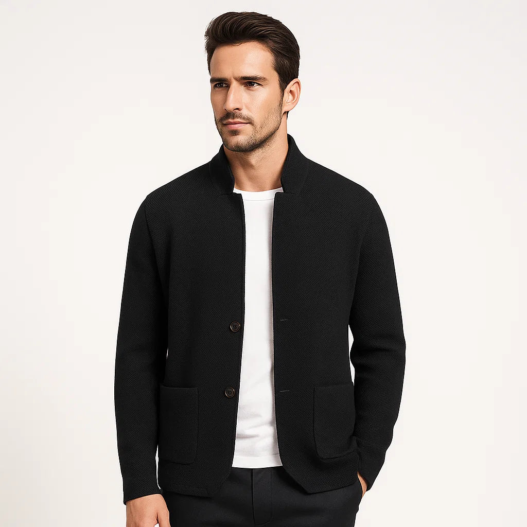 Men_Fine_Knit_Cardigan_Black_Band_Collar_Button_Front_Arc&Loom