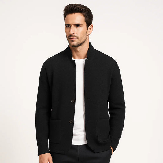Men_Fine_Knit_Cardigan_Black_Band_Collar_Button_Front_Arc&Loom