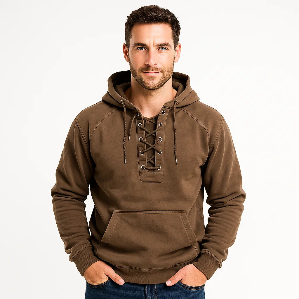 Men_Knit_Blend_Hoodie_Khaki_Lace_Up_Front_Pullover_Arc&Loom