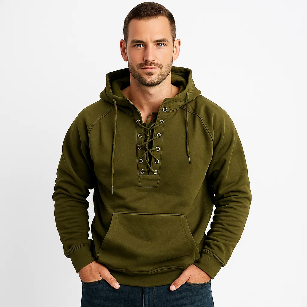 Men_Knit_Blend_Hoodie_Green_Lace_Up_Front_Pullover_Arc&Loom