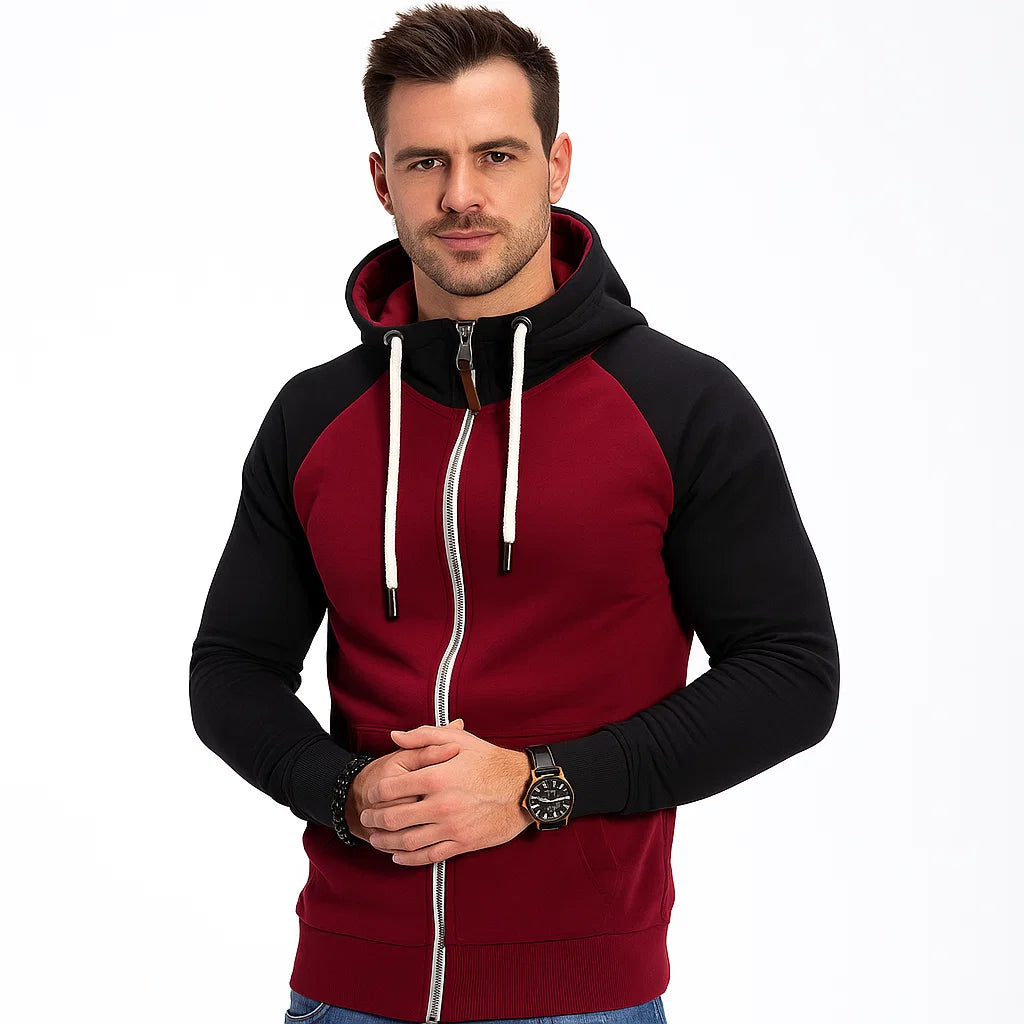 Men_Slim_Fit_Hoodie_Burgundy_Black_Sleeves_Double_Zip_Casual_Wear_Arc&Loom