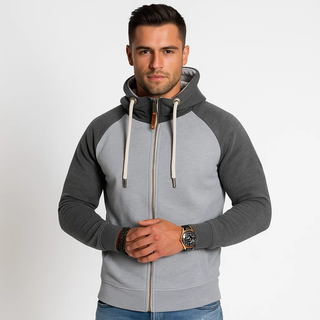 Men_Slim_Fit_Hoodie_Light_Gray_Dark_Gray_Sleeves_Double_Zip_Casual_Wear_Arc&Loom