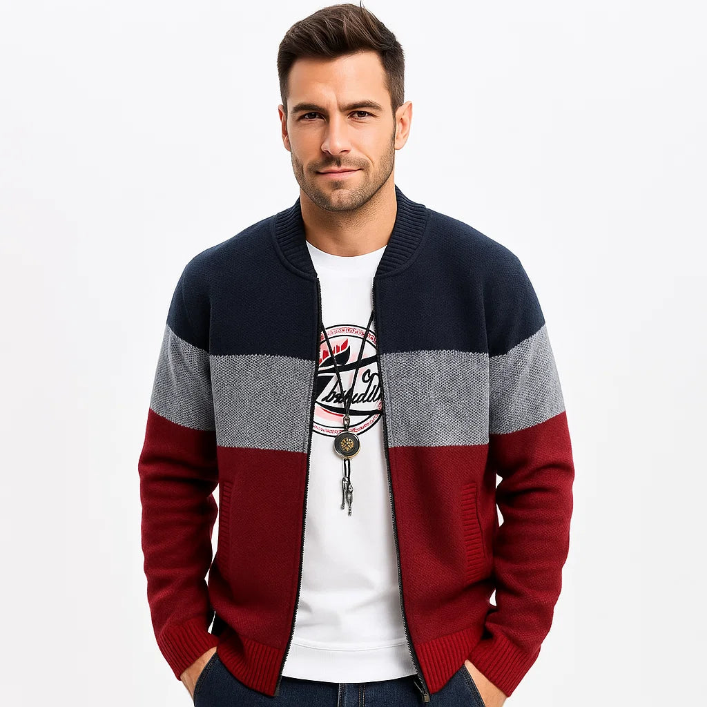 Men_Knit_Cardigan_Wine_Red_Full_Zip_Striped_Casual_Wear_Arc&Loom