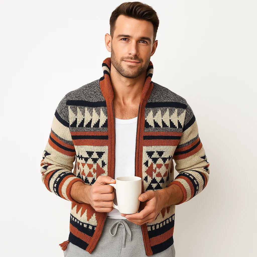 Men_Jacquard_Knit_Cardigan-Red_Soft_Relaxed_Fit_Zip_Up_Arc&Loom