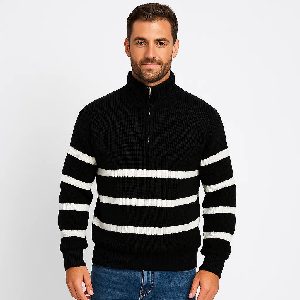 Men_Casual_Zip_Sweater_Black_Striped_Knit_Winter_Wear_Arc&Loom